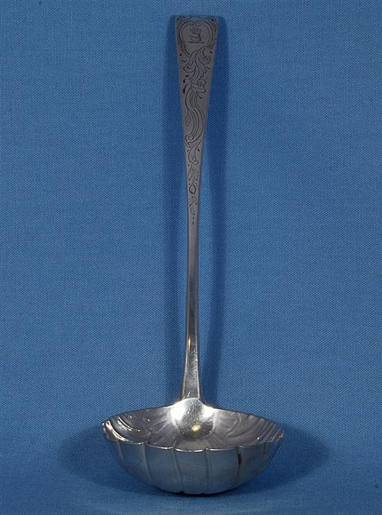 A George III Irish silver soup ladle, by Michael Keating, length 330mm Weight 5.3oz/167grms